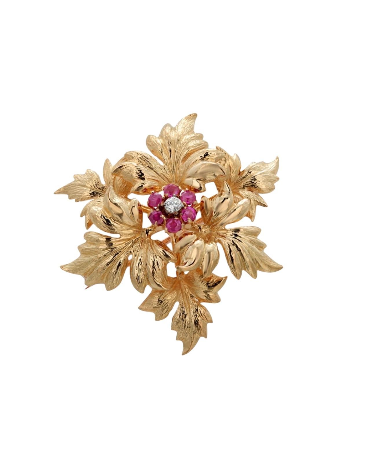 Reconstruction Era Vintage Tiffany & Co. 18K Gold Diamond & Ruby Flower Brooch Made in Italy For Sale