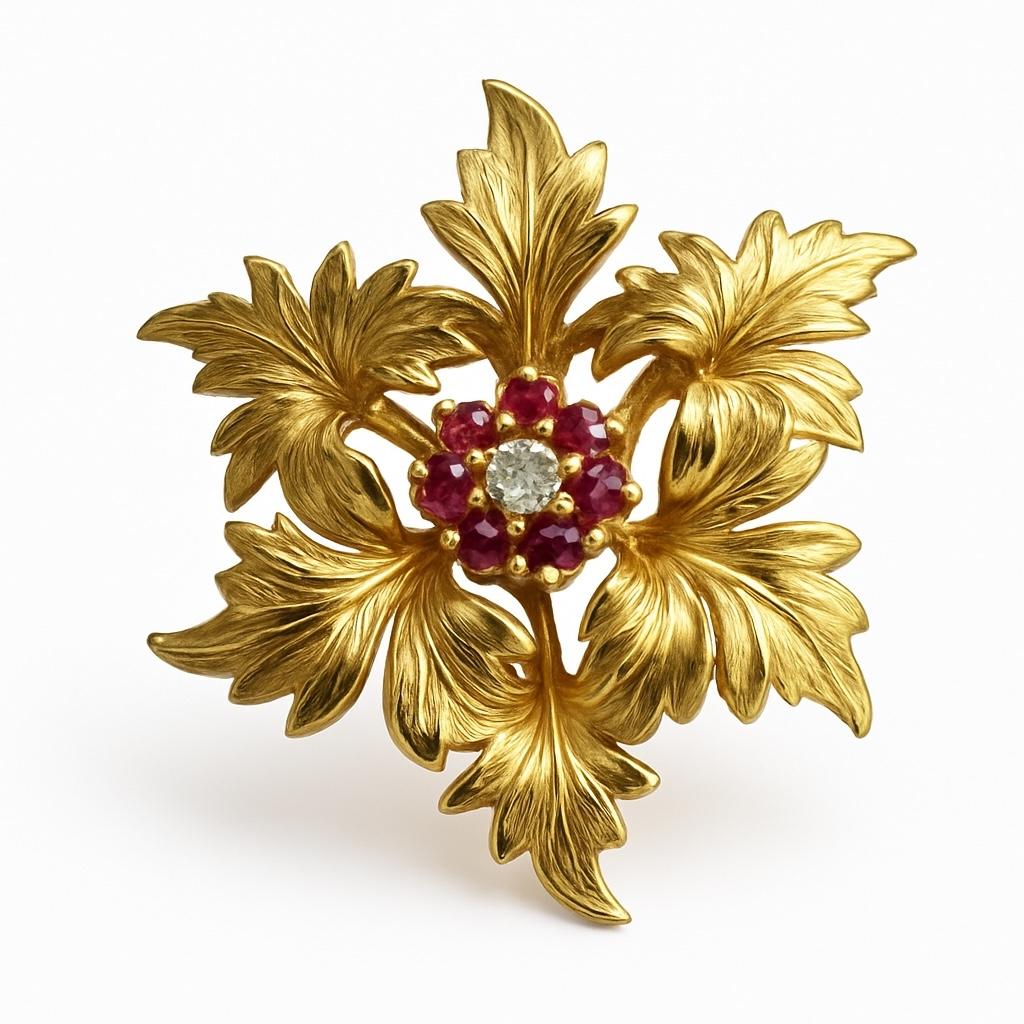 Vintage Tiffany & Co. 18K Gold Diamond & Ruby Flower Brooch Made in Italy In Good Condition For Sale In New York, NY