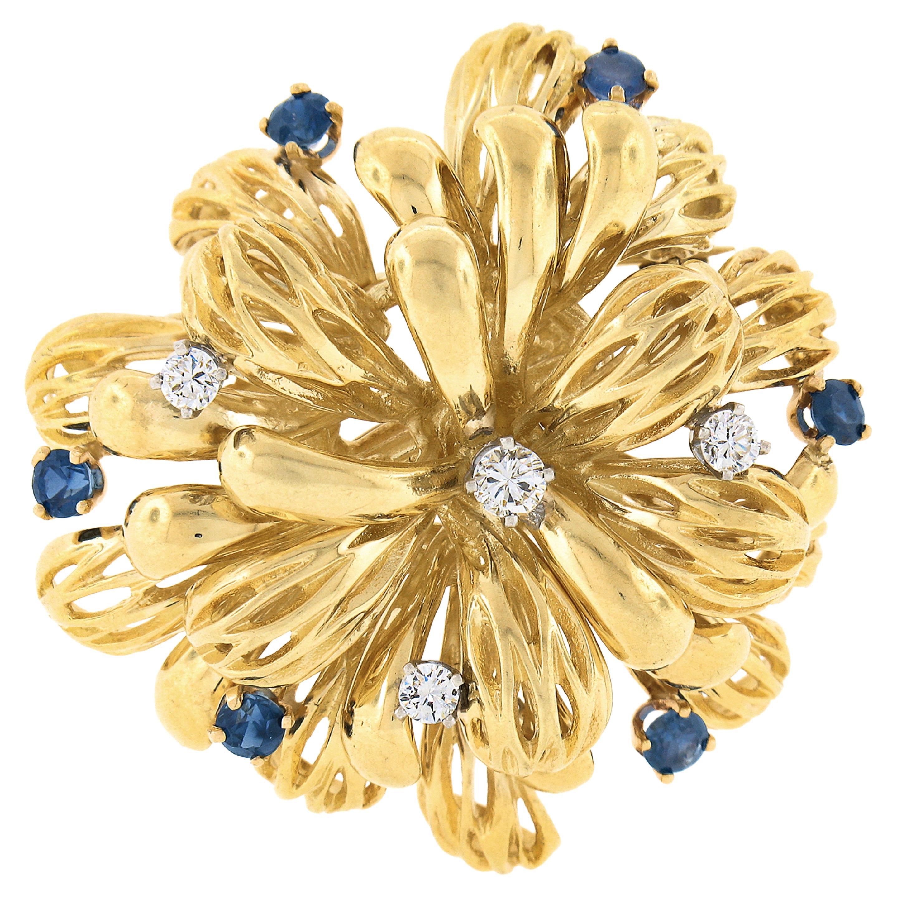 Vintage Tiffany & Co 18K Gold Diamond Sapphire Open Work Spray Flower Pin Brooch