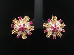 Vintage Tiffany & Co. 18k Gold Diamond Vivid Red Ruby Burst 1960's Earrings