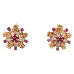 Vintage Tiffany & Co. 18k Gold Diamond Vivid Red Ruby Burst 1960's Earrings