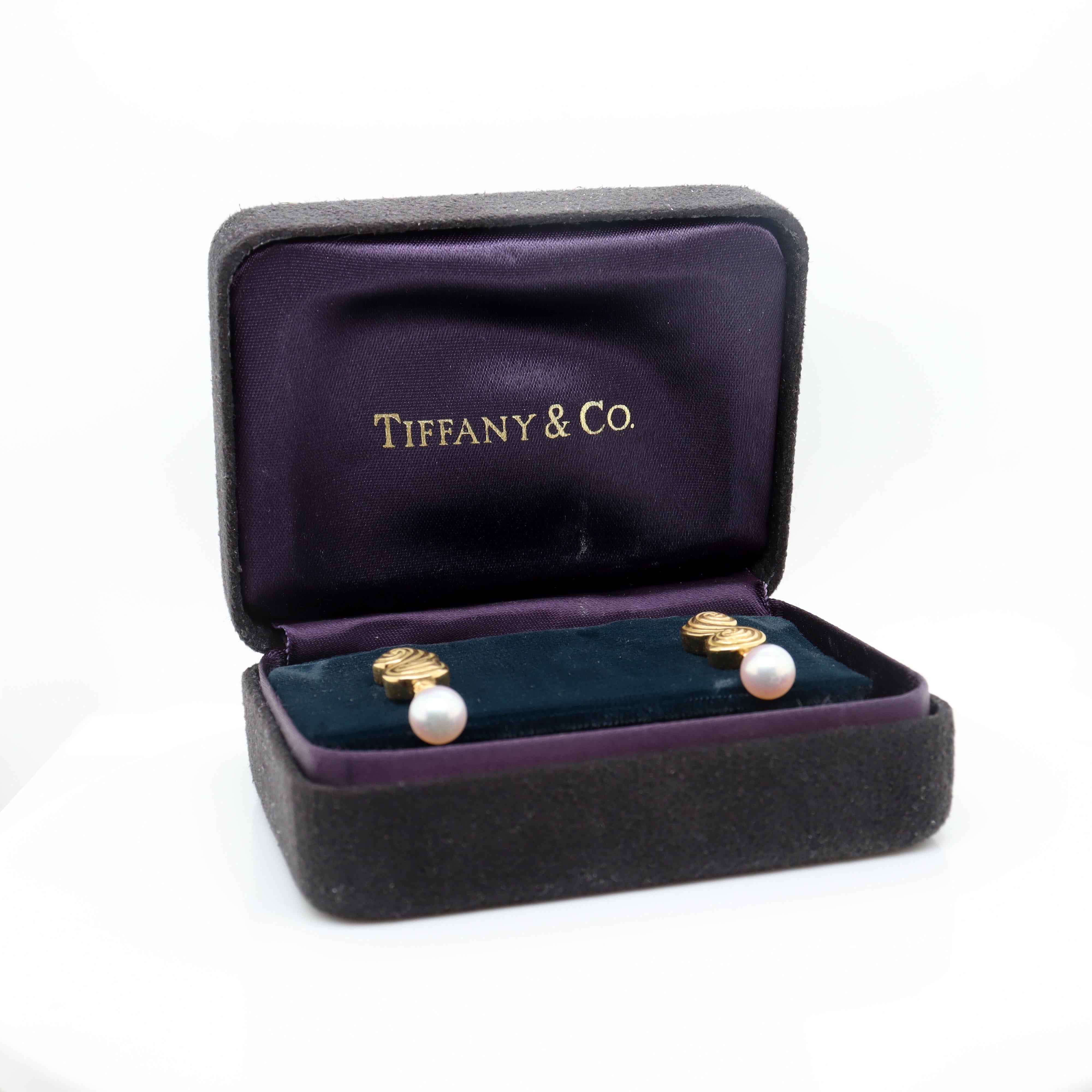 Vintage Tiffany & Co 18K Gold Double Spiral or 'S' Scroll Earrings w Pearl Drops For Sale 4