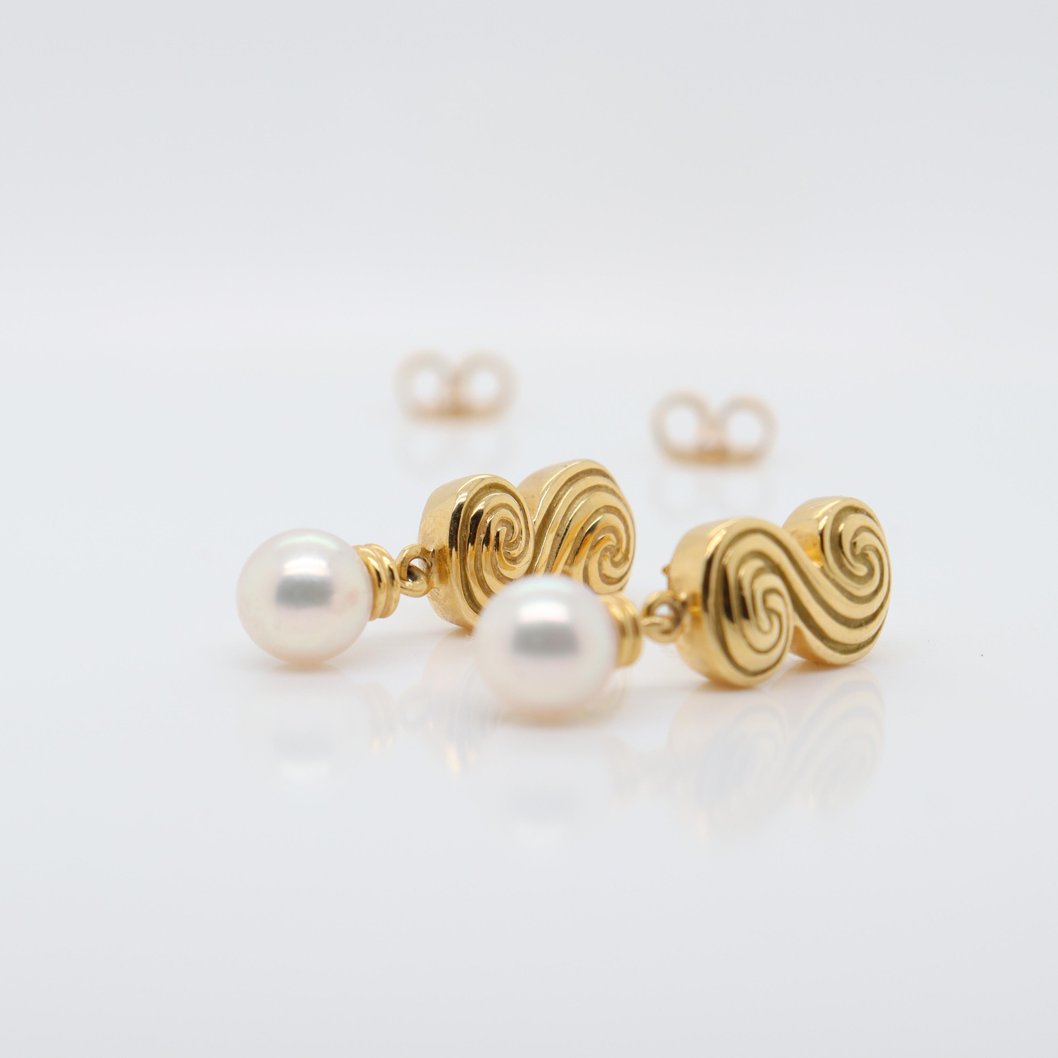 Modern Vintage Tiffany & Co 18K Gold Double Spiral or 'S' Scroll Earrings w Pearl Drops For Sale