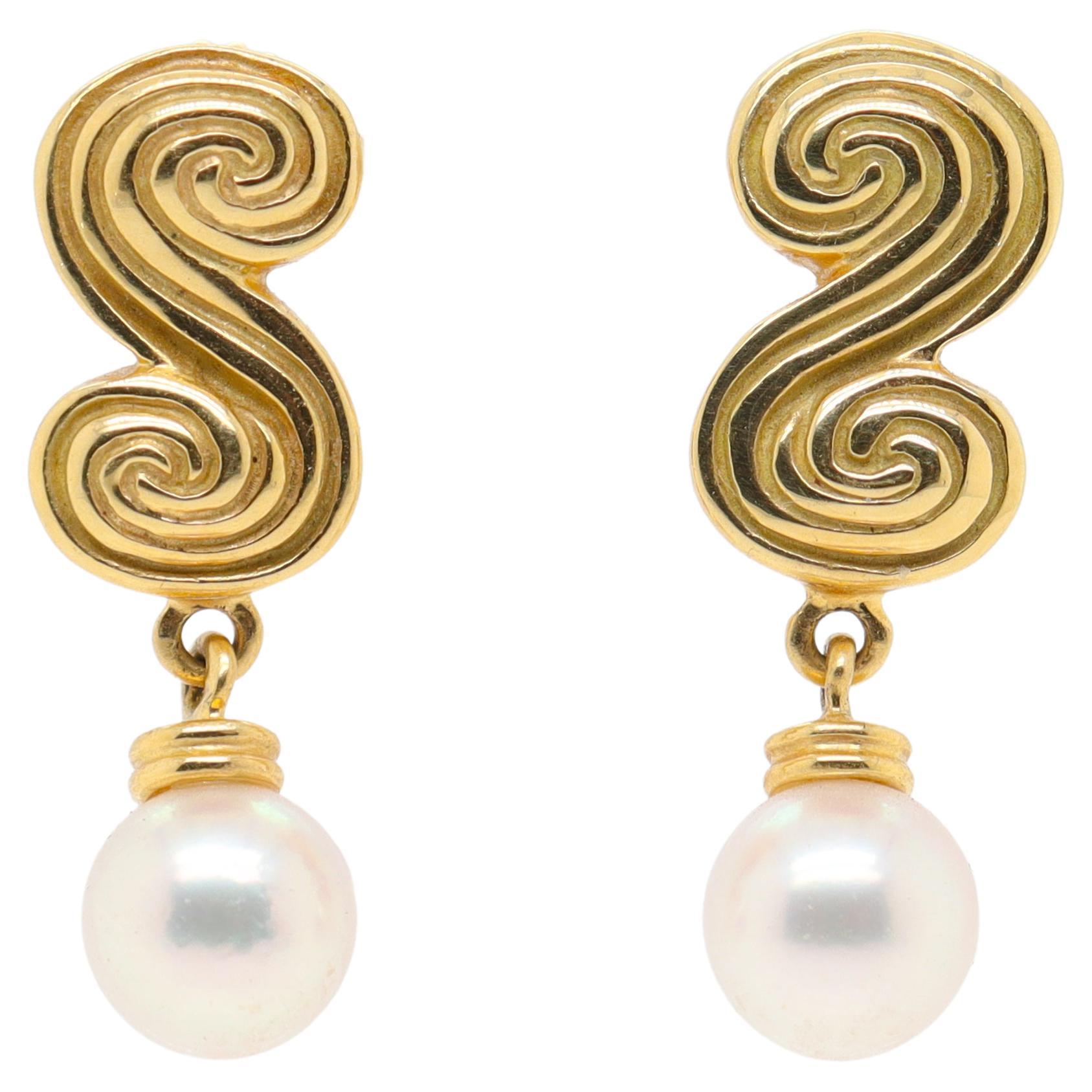 Vintage Tiffany & Co 18K Gold Double Spiral or 'S' Scroll Earrings w Pearl Drops For Sale