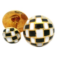 Boutons de manchette Vintage Tiffany & Co 18k Gold & Co Inlaid Checkerboard MOP Black Onyx Round Cufflinks