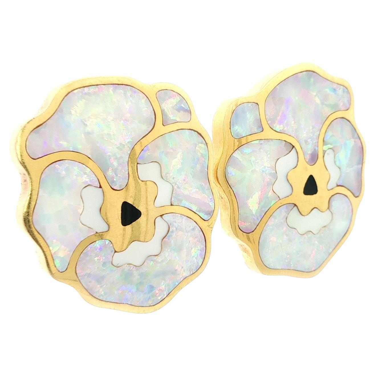 Vintage Tiffany
Co. 18k Gold Intarsien Opal Perlmutt Stiefmütterchen ClipOn Ohrringe