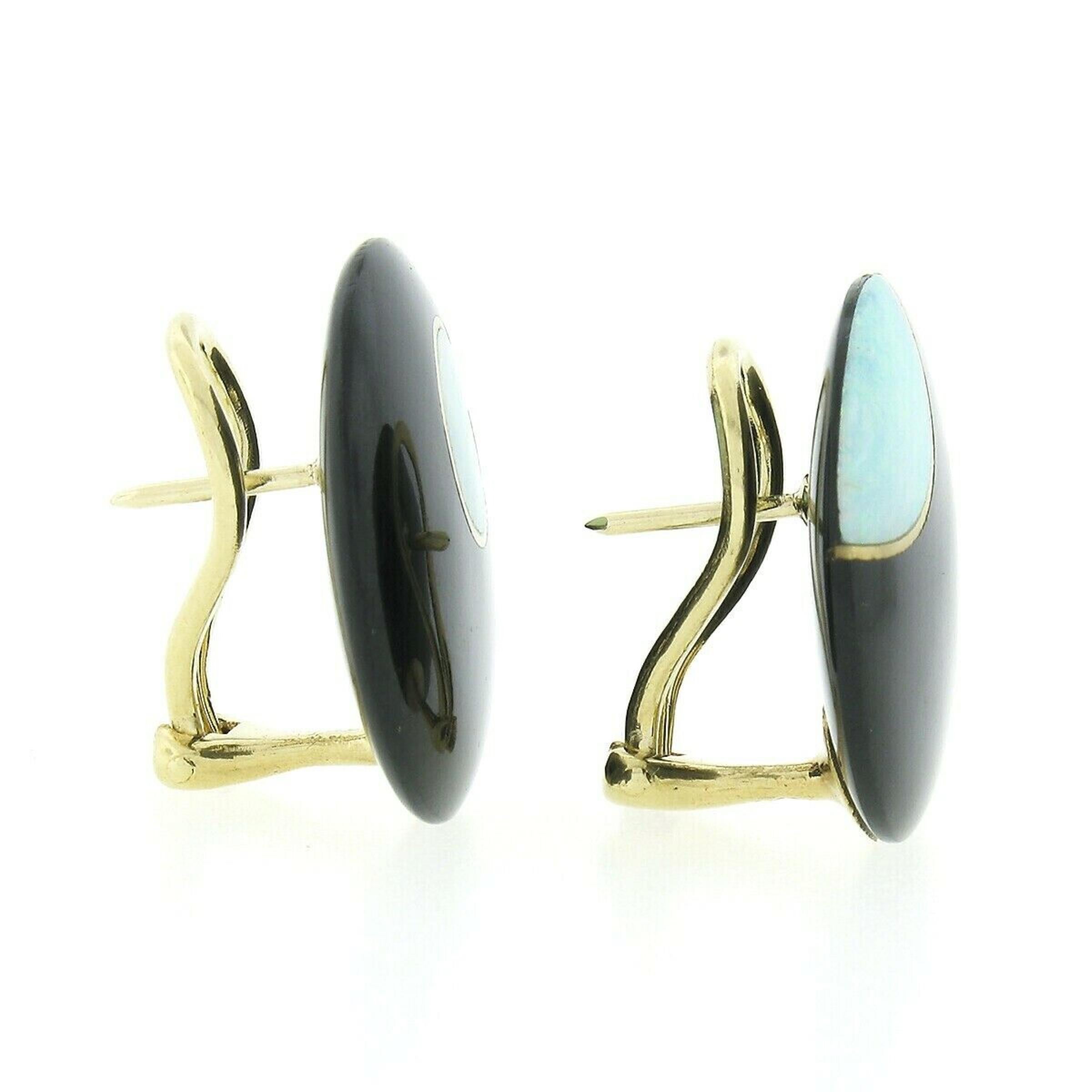 Cabochon Vintage Tiffany & Co. 18k Gold Inlaid Opal on Black Onyx Large Button Earrings