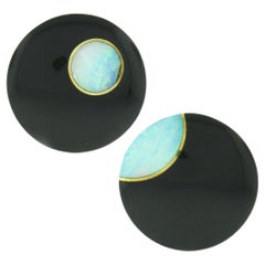 Vintage Tiffany & Co. 18k Gold Inlaid Opal on Black Onyx Large Button Earrings