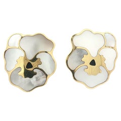 Vintage Tiffany & Co. 18k Gold Mother Of Pearl Pansy Flower Clip On Earrings
