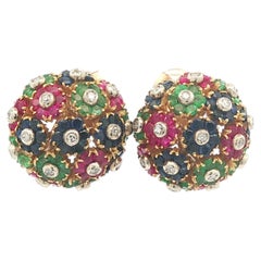 Vintage Tiffany & Co. 18k Gold Ruby Sapphire Emerald & Diamond Button Earrings