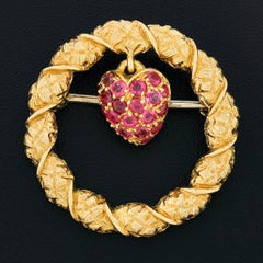 Vintage Tiffany & Co. 18k Gold Ruby Strawberry Textured Circle Wreath Brooch