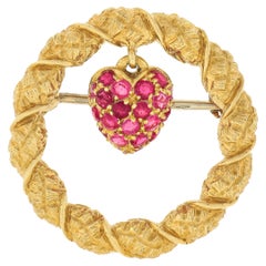 Vintage Tiffany & Co. 18k Gold Ruby Strawberry Textured Circle Wreath Brooch