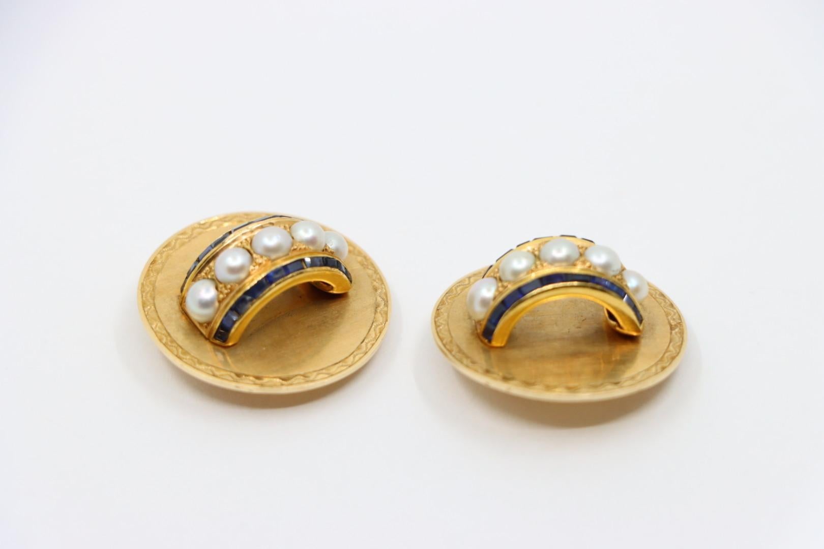 Women's or Men's Vintage Tiffany & Co. 18K Gold Sapphire Pearl Earrings For Sale