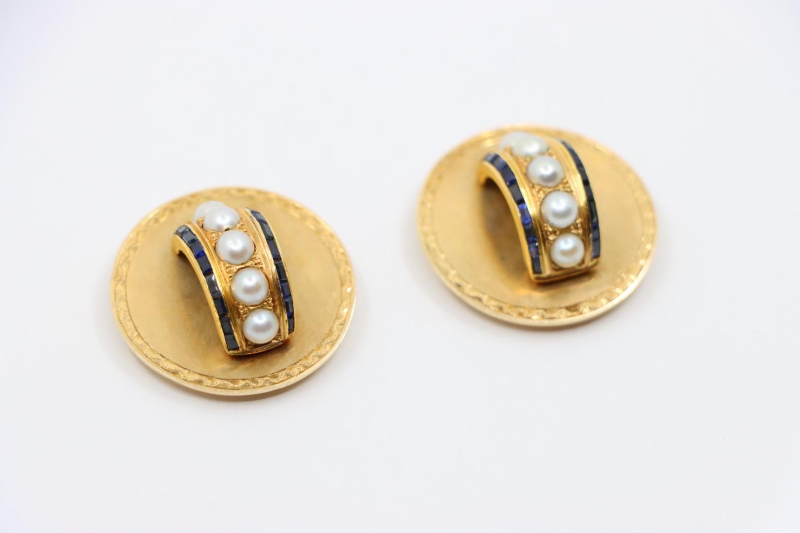 Vintage Tiffany & Co. 18K Gold Sapphire Pearl Earrings For Sale 1