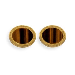 Vintage Tiffany & Co. 18K Gold Tiger Eye Cufflinks, Fixed Ball Back, ca. 1960's