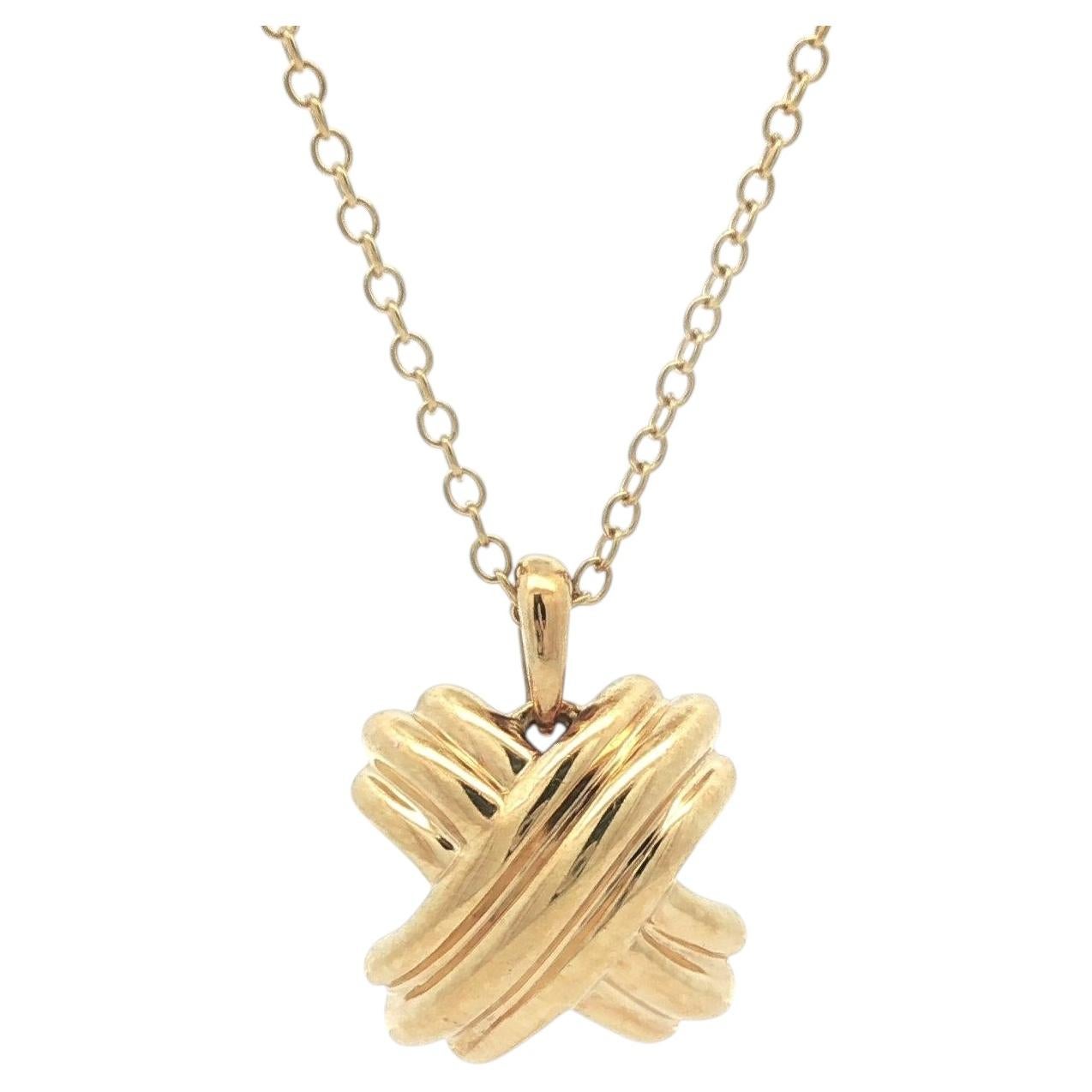 Vintage Tiffany & Co. Or 18k "X" Signature Pendant 16" Cable Link Necklace en vente