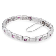 Vintage Tiffany & Co. 18k White Gold Diamond and Ruby Bezel Set Link Bracelet