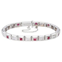 Vintage Tiffany & Co. 18k White Gold Diamond and Ruby Bezel Set Link Bracelet