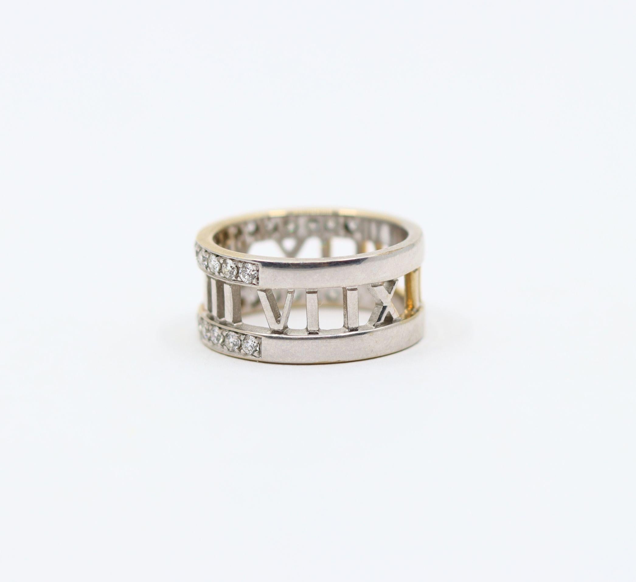 Brilliant Cut Vintage Tiffany & Co 18K White Gold Diamonds Open Atlas Ring For Sale