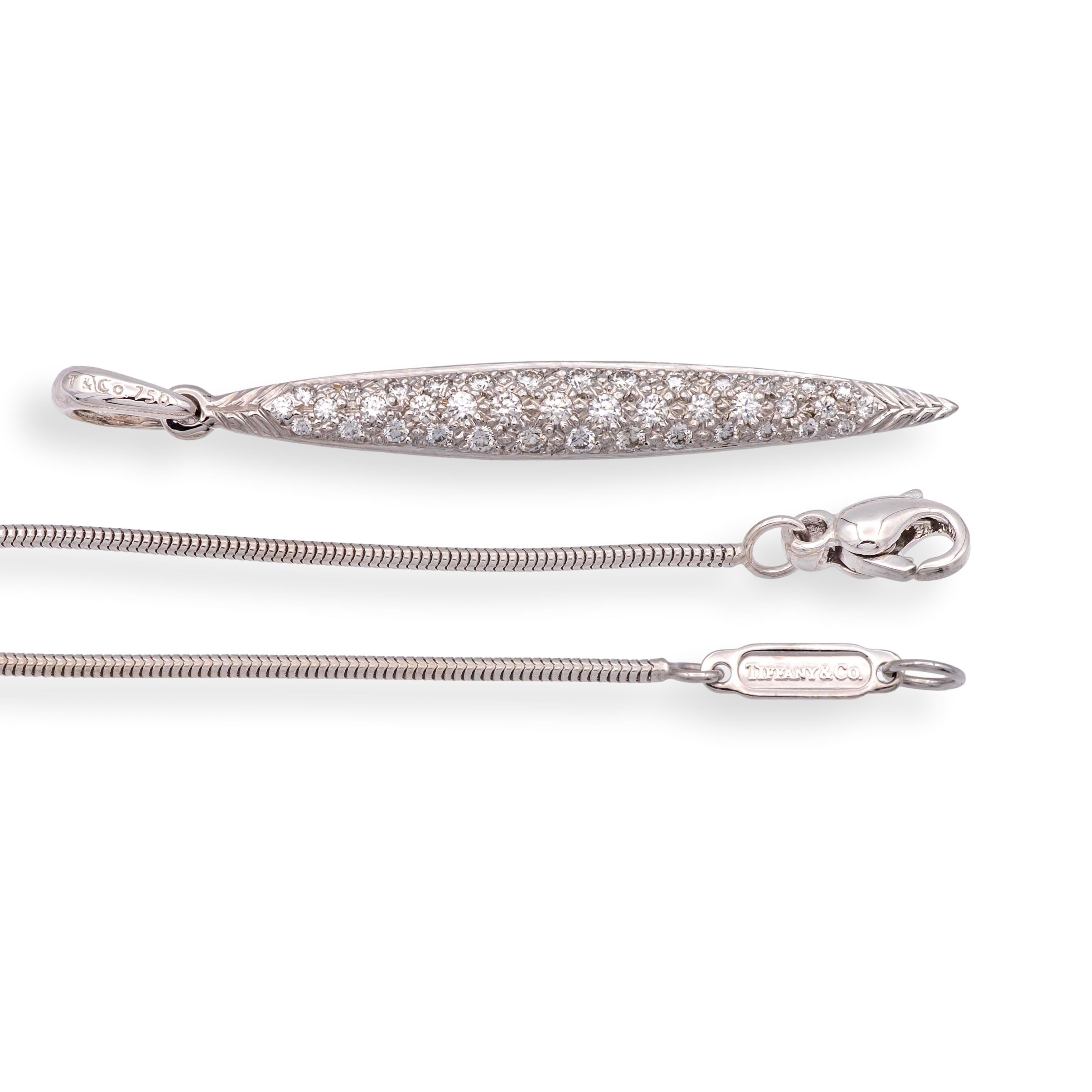 Brilliant Cut Vintage Tiffany & Co. 18K White Gold Pave Diamond Feather Pendant Necklace 18