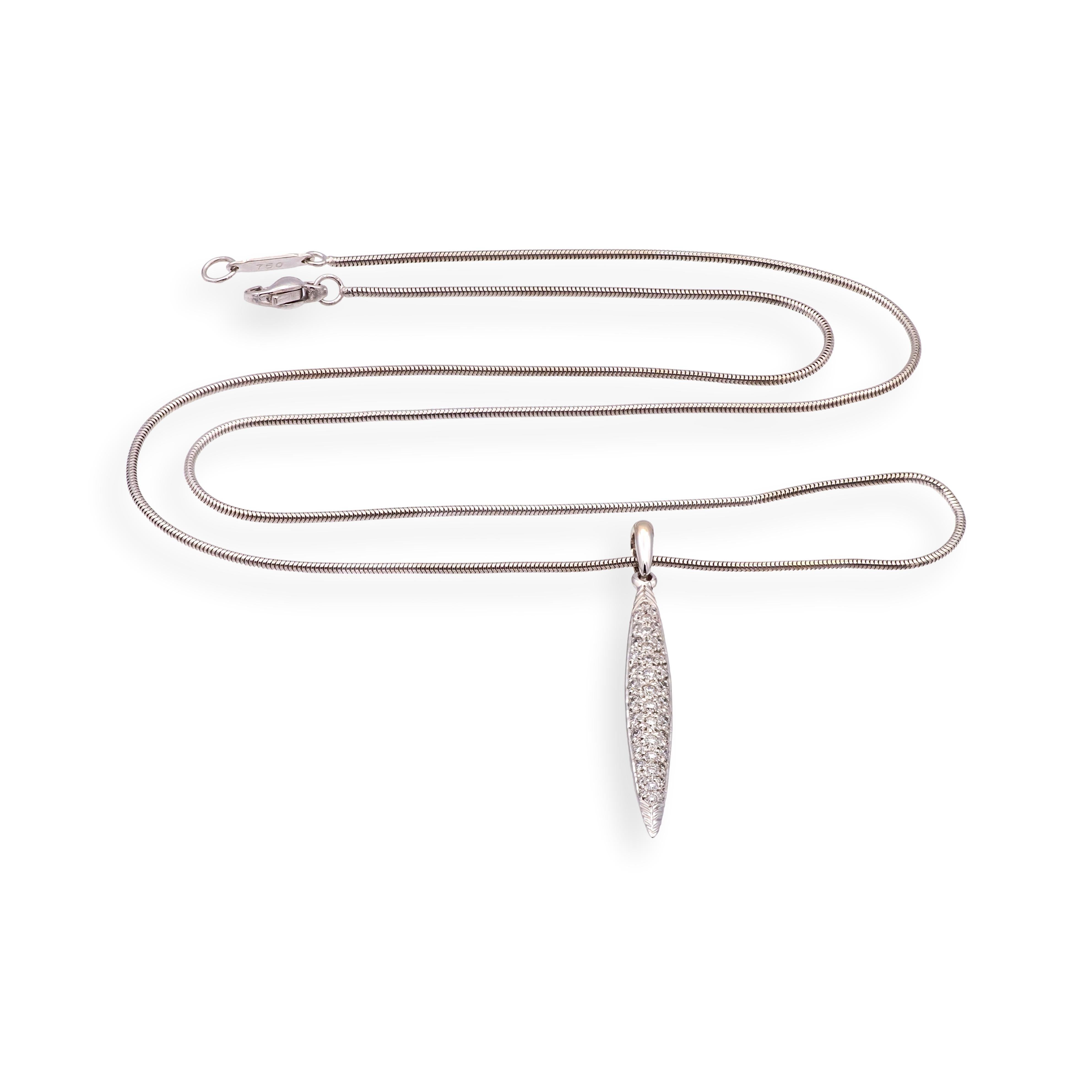 Vintage Tiffany & Co. 18K White Gold Pave Diamond Feather Pendant Necklace 18