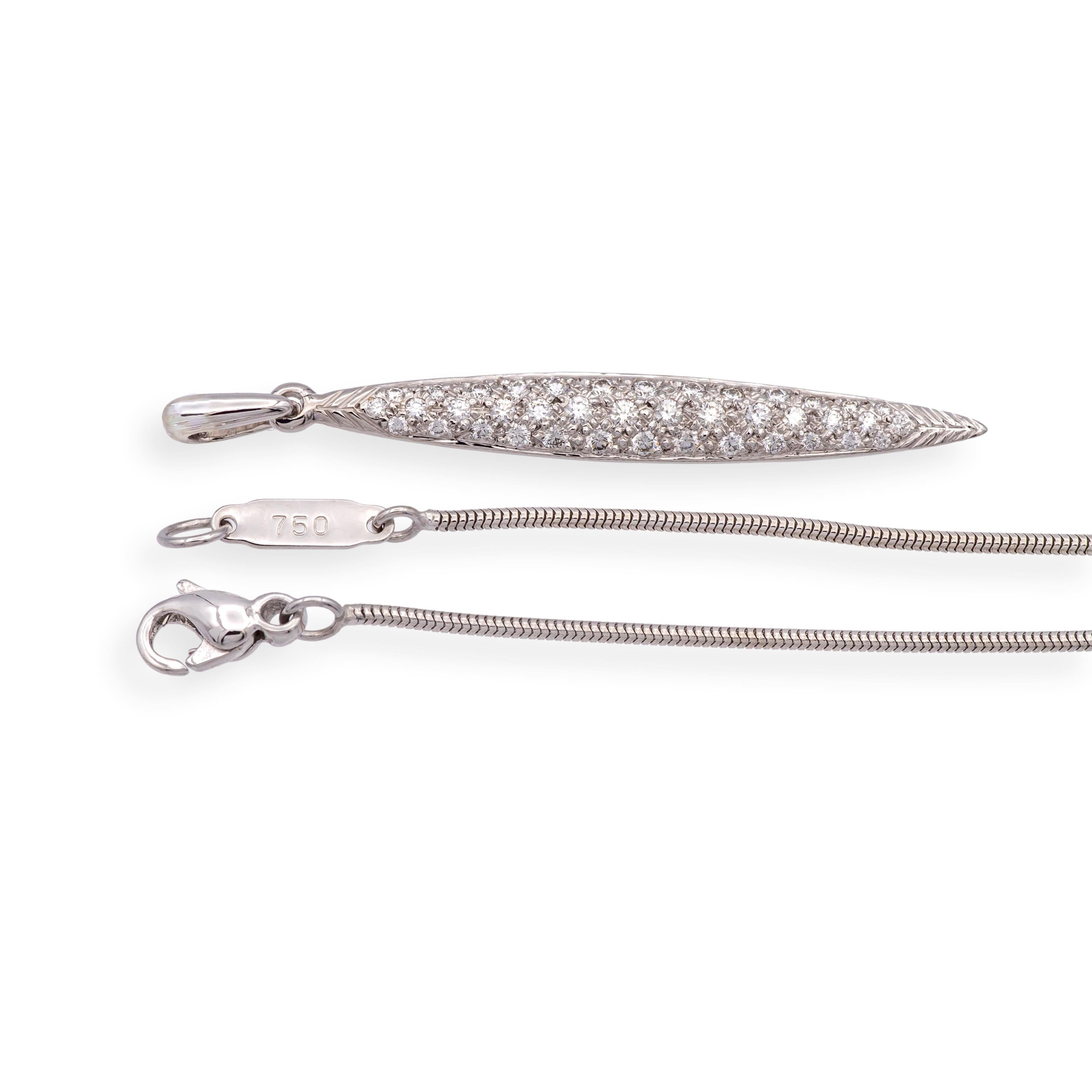 Women's Vintage Tiffany & Co. 18K White Gold Pave Diamond Feather Pendant Necklace 18