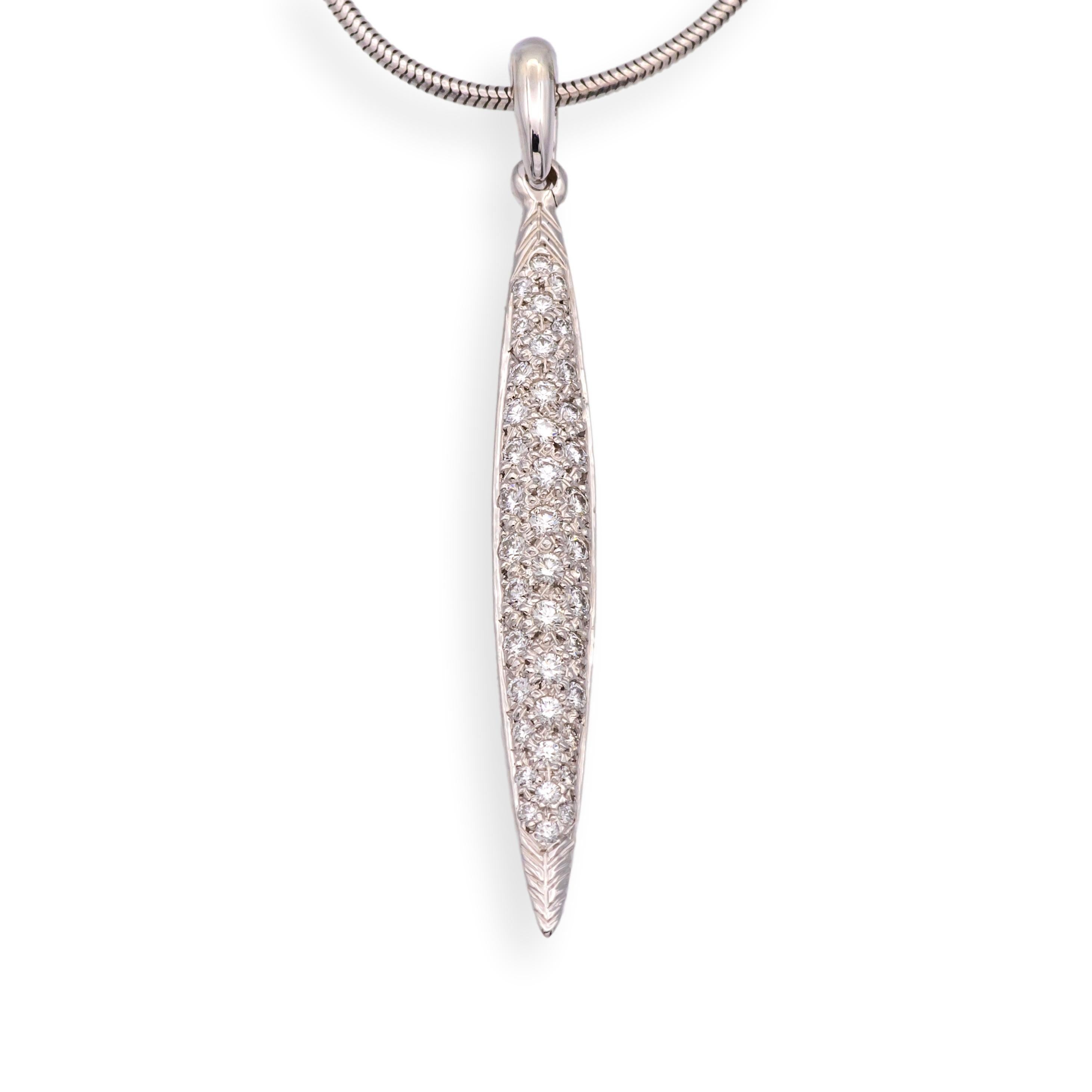 Vintage Tiffany & Co. 18K White Gold Pave Diamond Feather Pendant Necklace 18