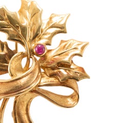 Vintage Tiffany & Co. 18K Yellow Gold 0.06ct Cabochon Ruby Leaf Brooch