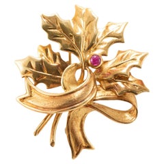 Vintage Tiffany & Co. 18K Yellow Gold 0.06ct Cabochon Ruby Leaf Brooch