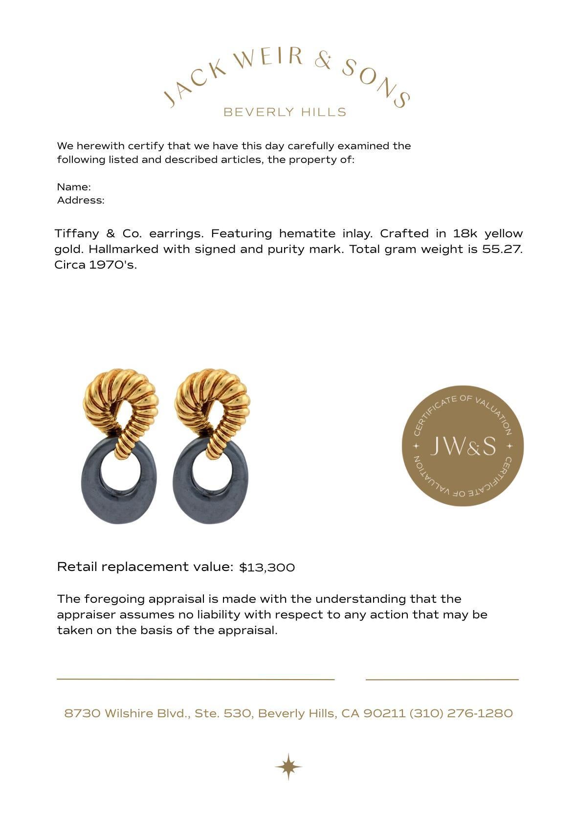 Pendientes vintage Tiffany & Co. de oro amarillo de 18k y hematites día y noche en Bueno estado para la venta en Beverly Hills, CA