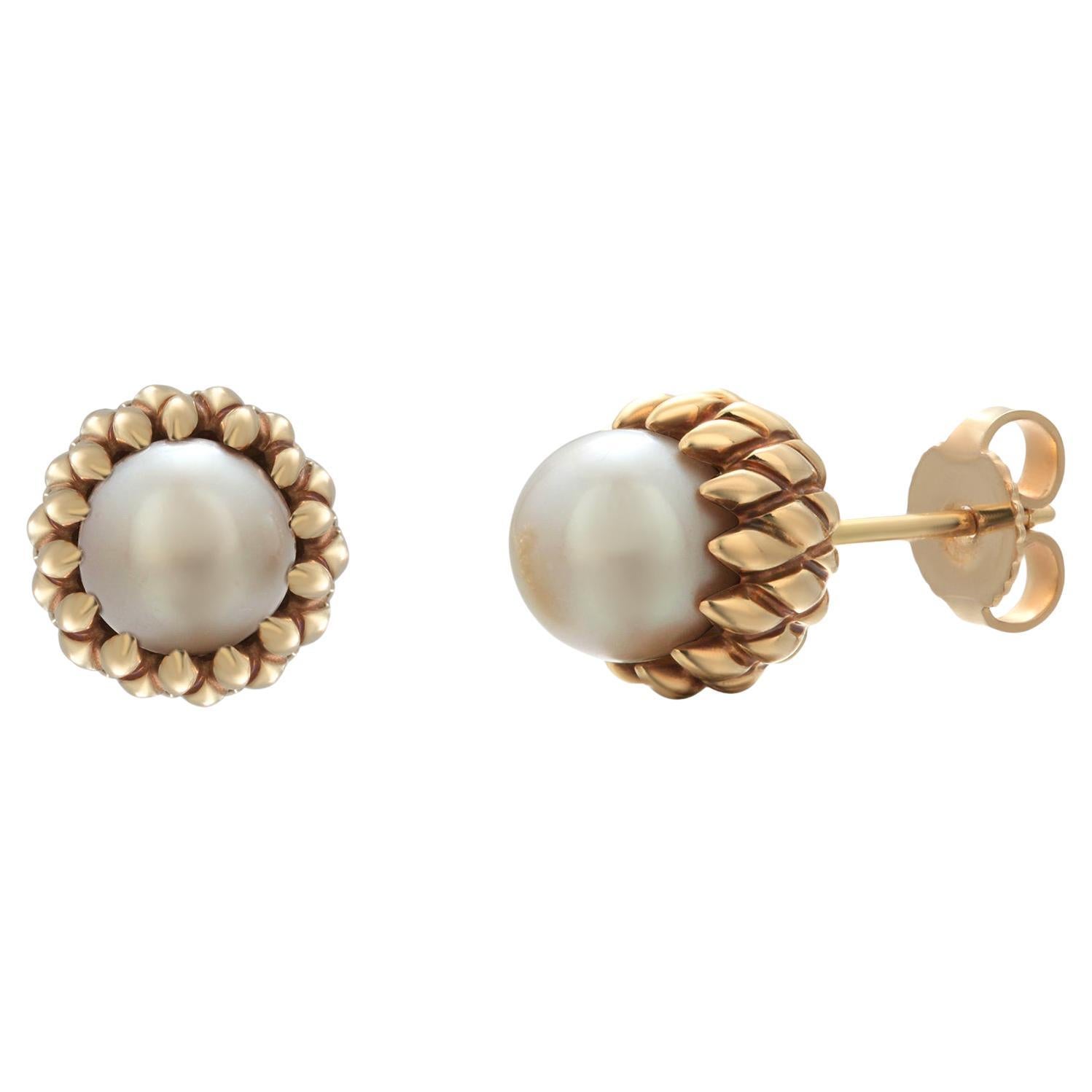 Vintage Tiffany Co 18K Yellow Gold Cultured Pearl Petal Basket Stud Earrings 4
