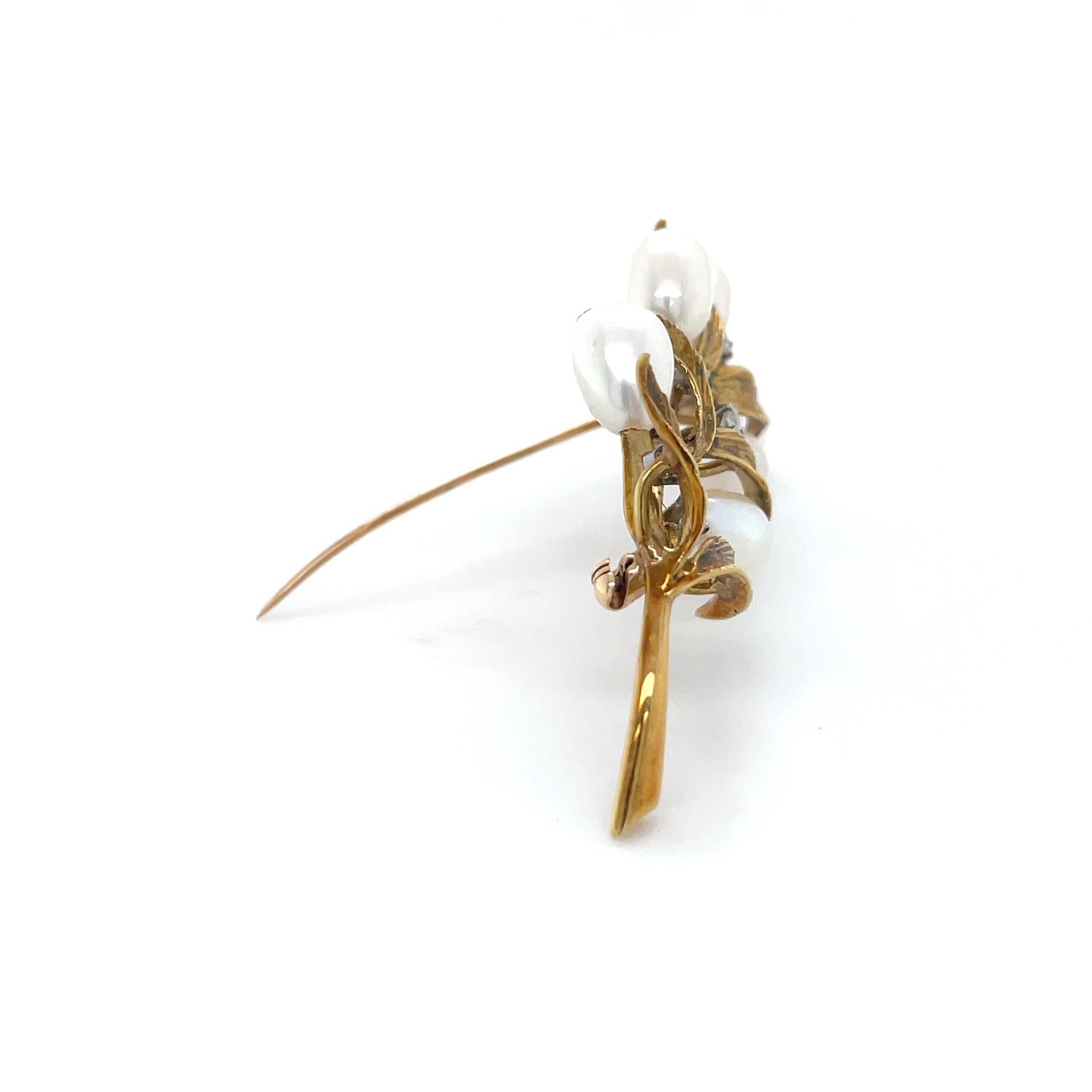 Brilliant Cut Vintage Tiffany & Co. 18K Yellow Gold, Diamond and Cultured Pearl Branch Brooch