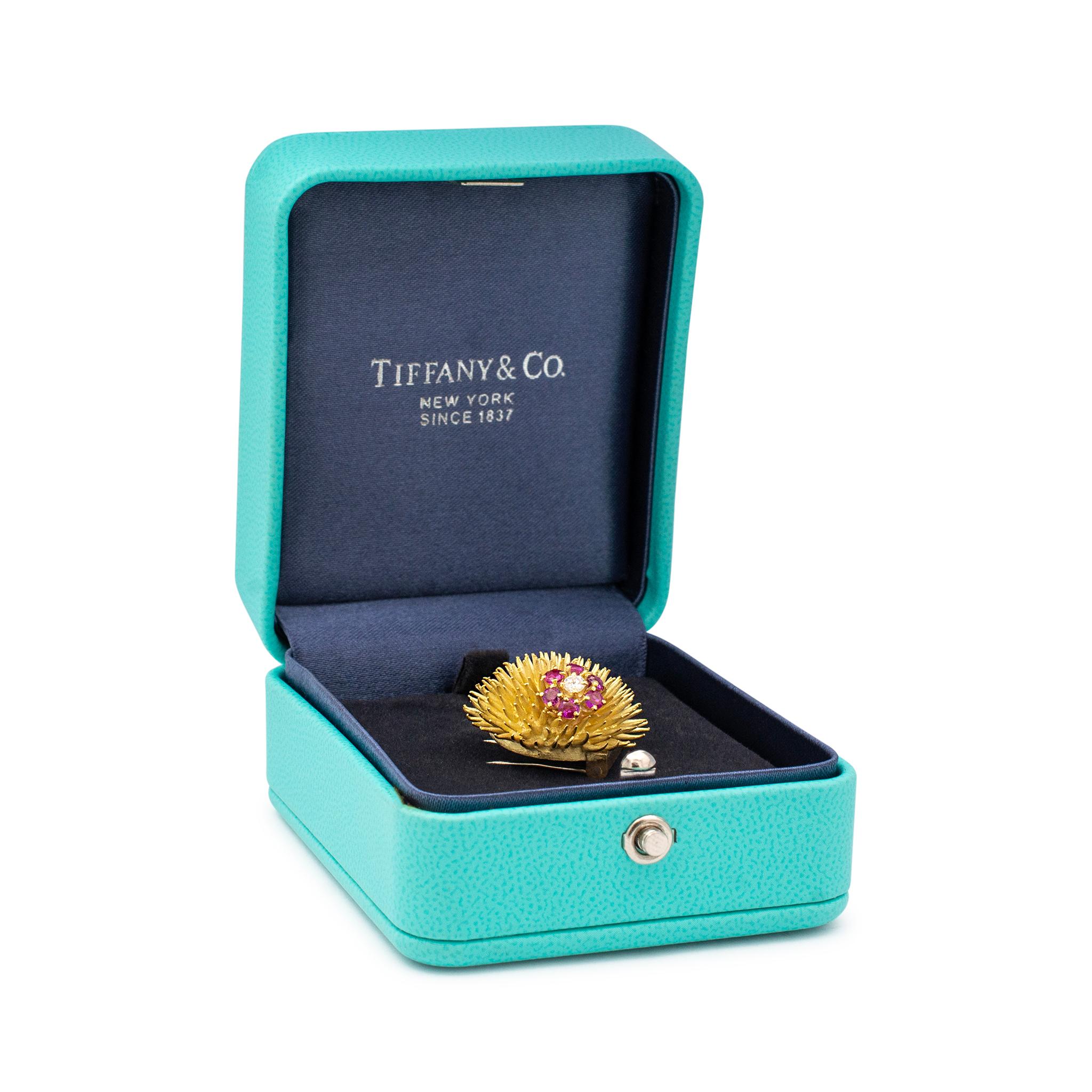 Vintage Tiffany & Co. 18k Yellow Gold Diamond Ruby Sea Urchin Brooch For Sale 2