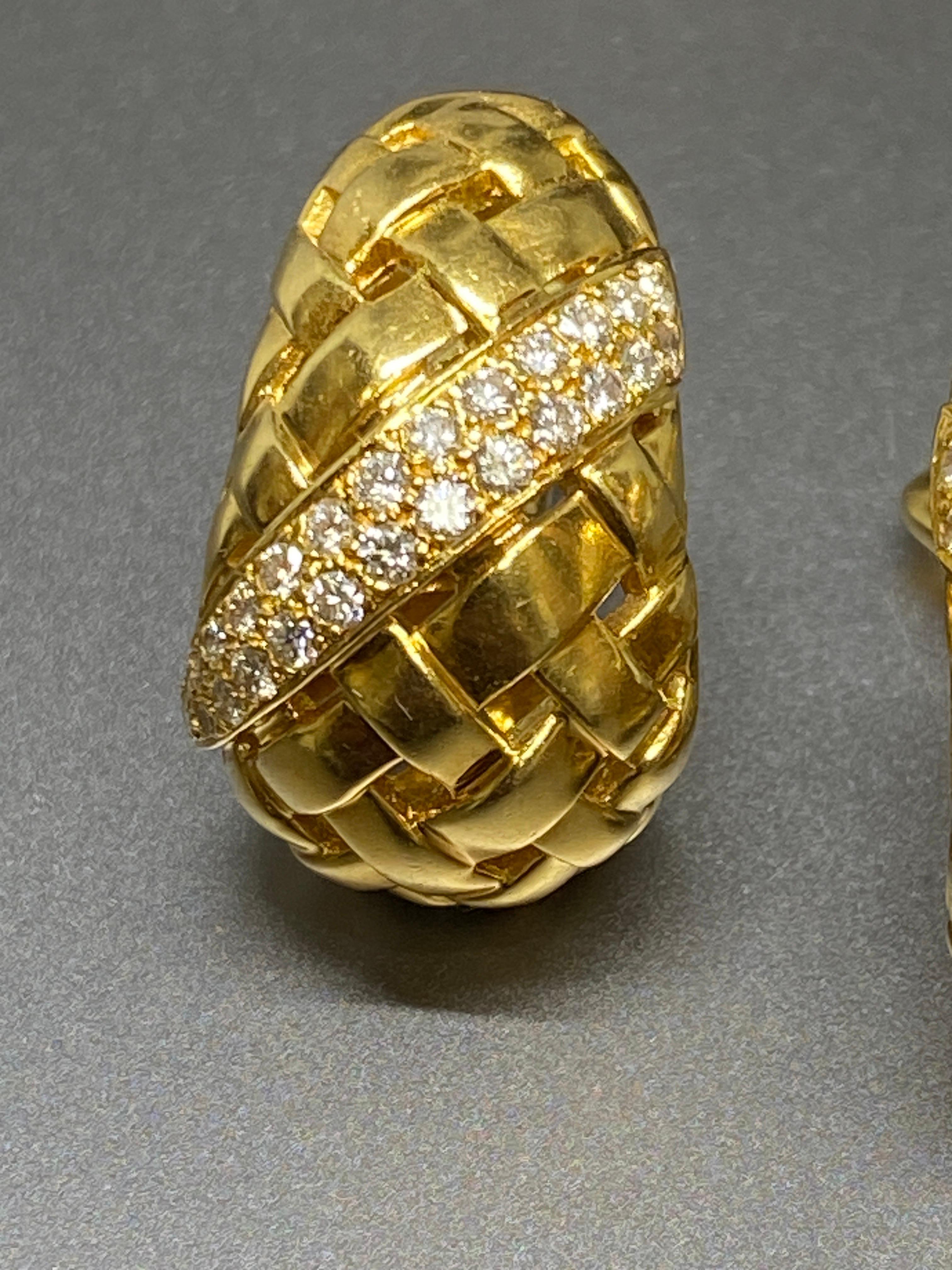 Vintage Tiffany & Co 18k Yellow Gold & Diamond Vannerie Basketweave Earrings For Sale 6