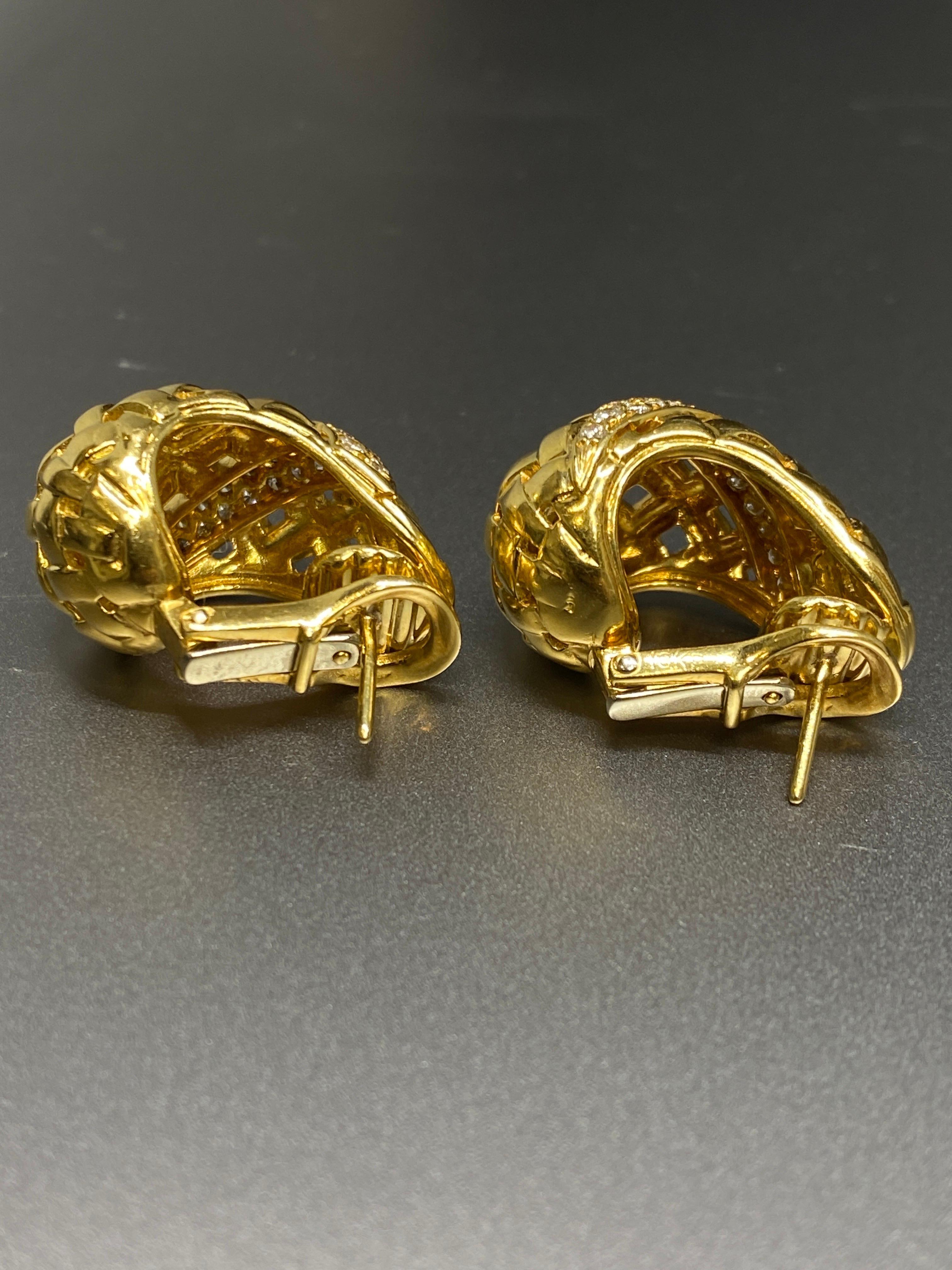Vintage Tiffany & Co 18k Yellow Gold & Diamond Vannerie Basketweave Earrings For Sale 12