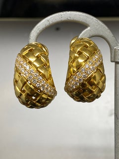 Vintage Tiffany & Co 18k Yellow Gold & Diamond Vannerie Basketweave Earrings