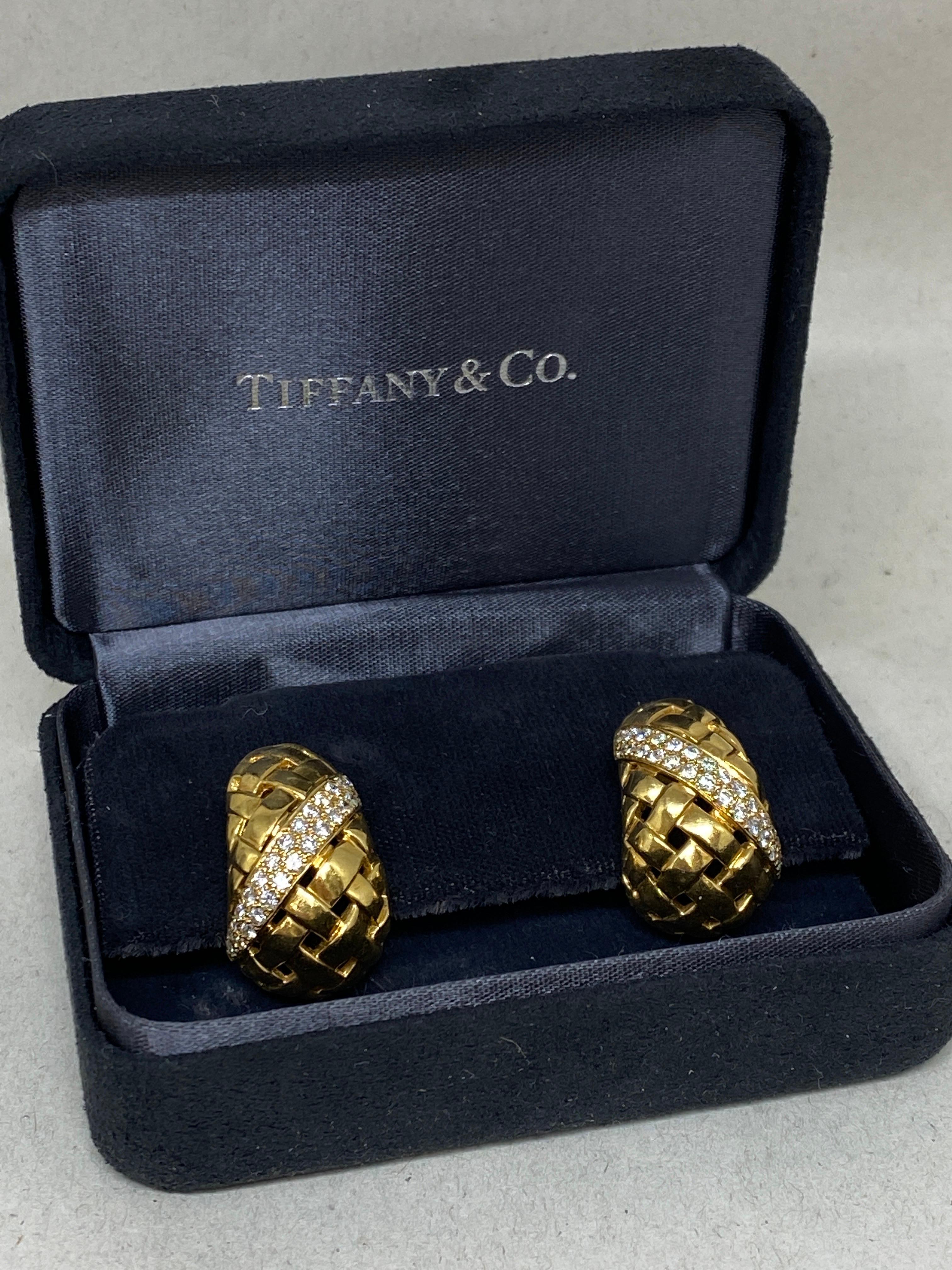 Contemporary Vintage Tiffany & Co 18k Yellow Gold & Diamond Vannerie Basketweave Earrings For Sale