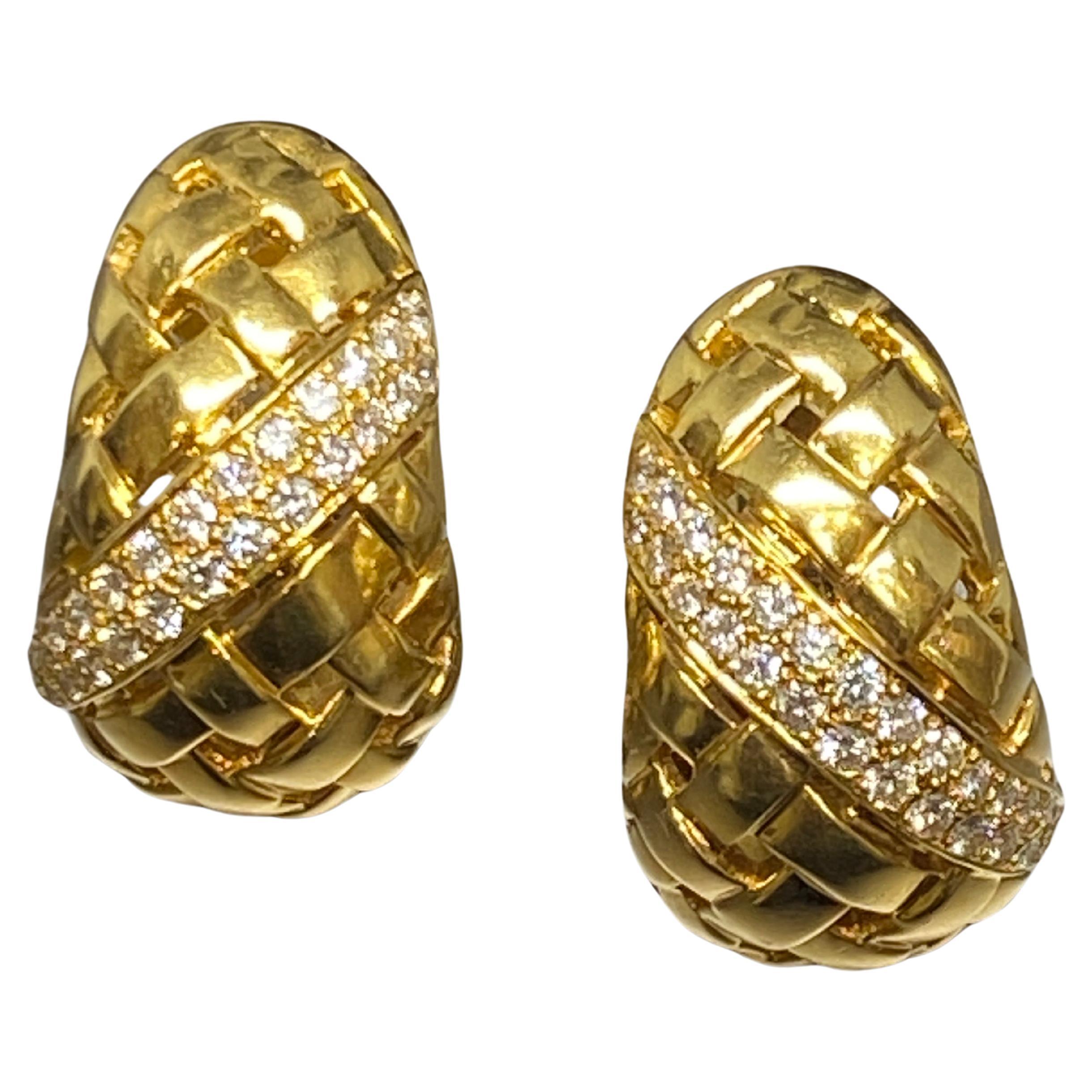 Vintage Tiffany & Co 18k Yellow Gold & Diamond Vannerie Basketweave Earrings For Sale