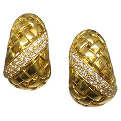 Tiffany & Co Vannerie Basketweave Boucles d'oreilles vintage en or jaune 18 carats et diamants