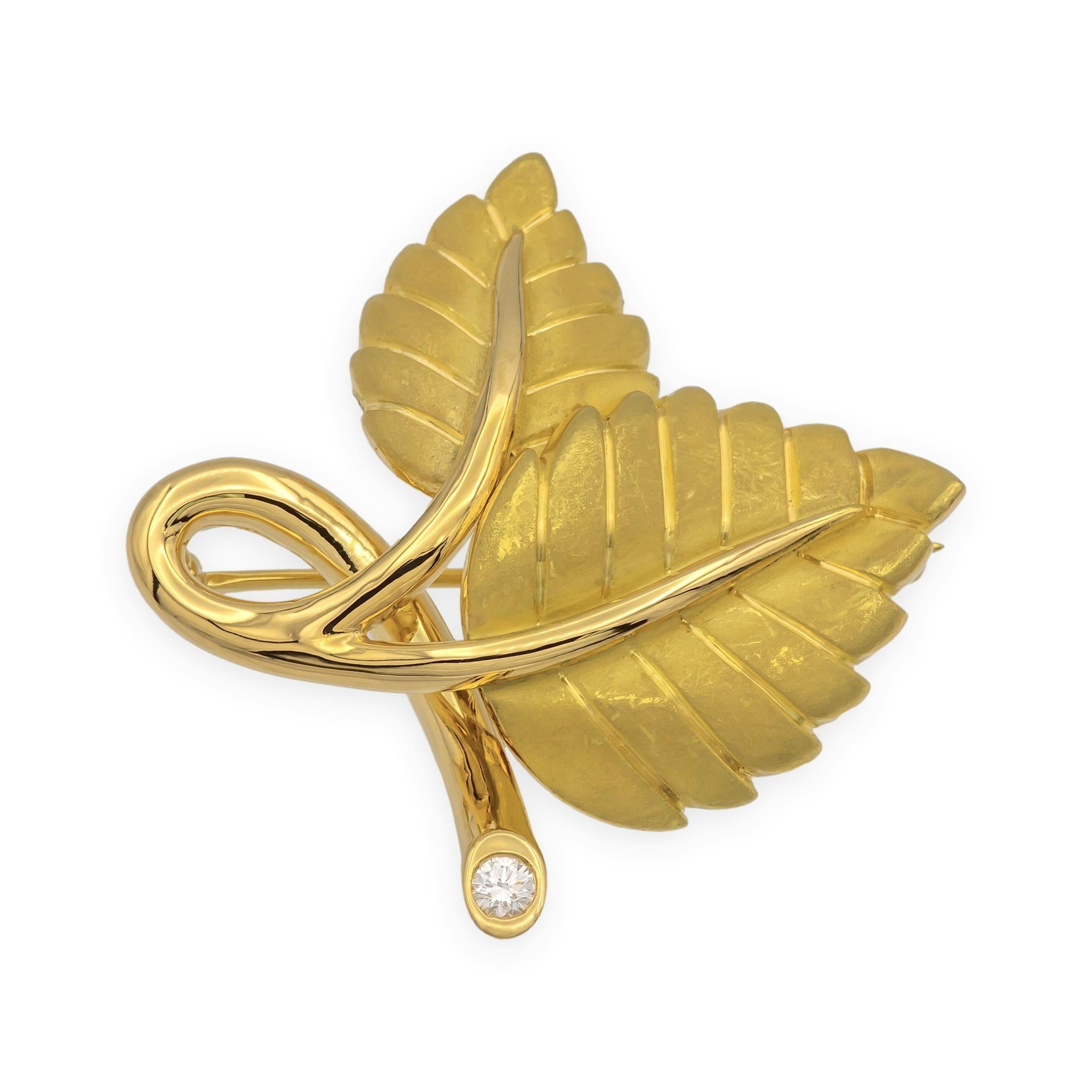 Vintage Tiffany & Co. 18K Gelbgold Doppelblatt-Brosche mit Diamant-Akzent