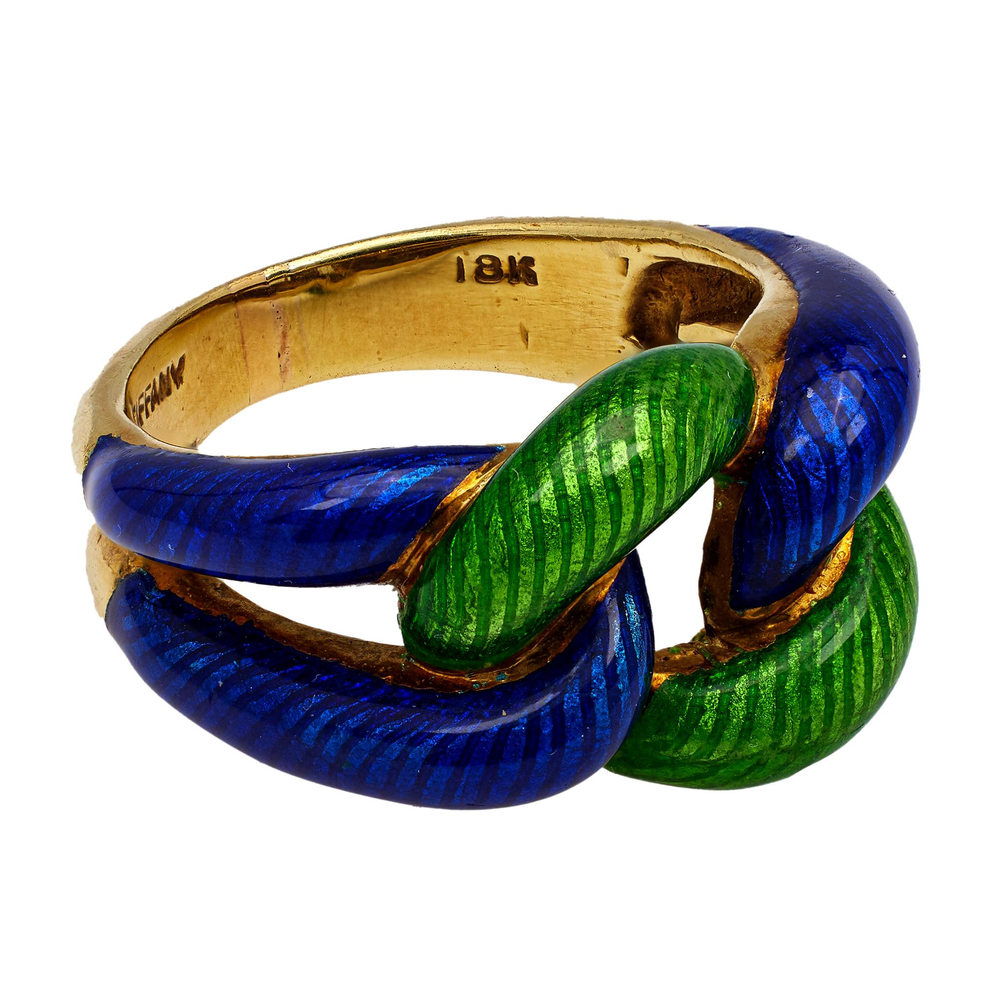 Women's or Men's Vintage Tiffany & Co. 18k Yellow Gold Green and Blue Enamel Link Ring