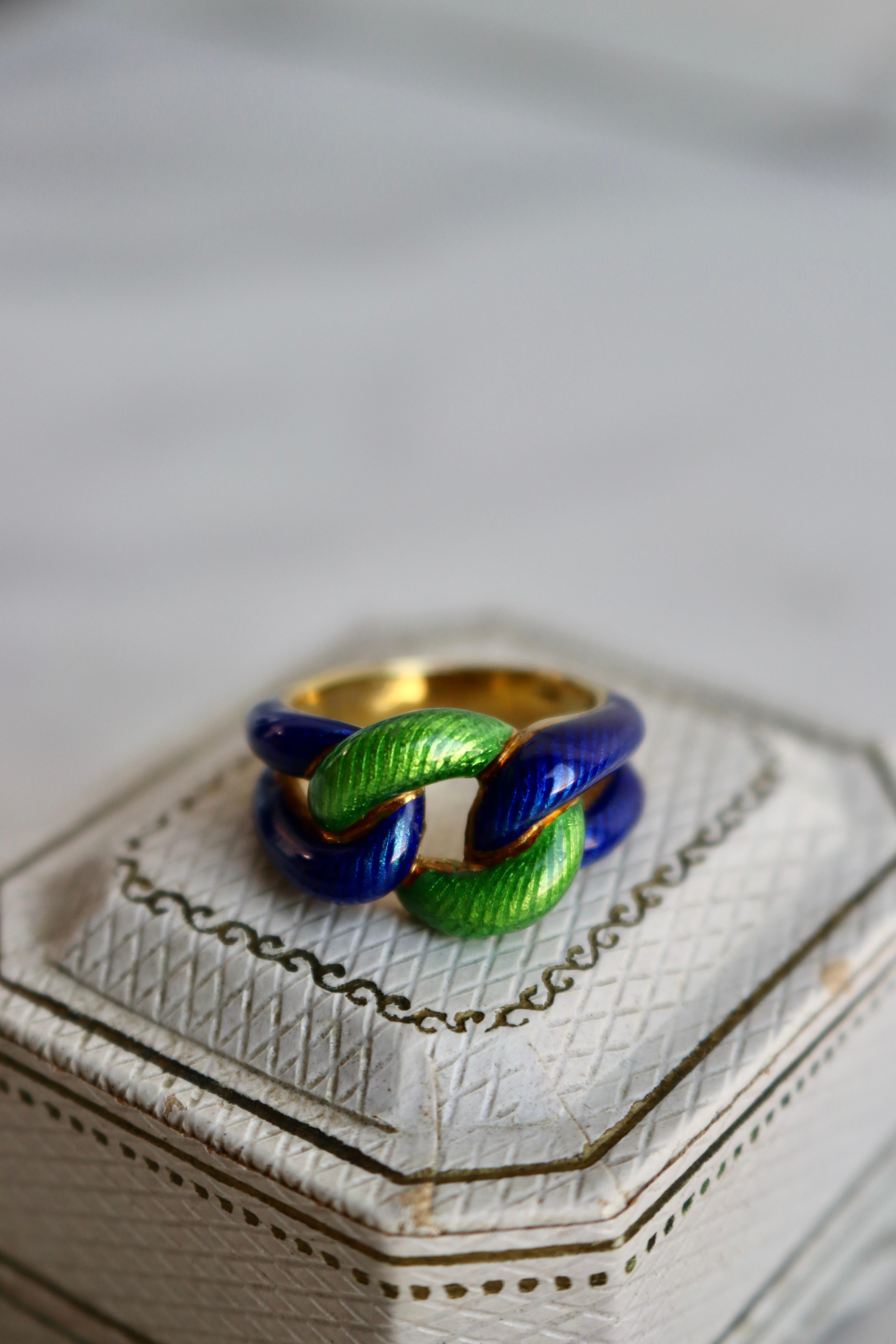 Vintage Tiffany & Co. 18k Yellow Gold Green and Blue Enamel Link Ring 1