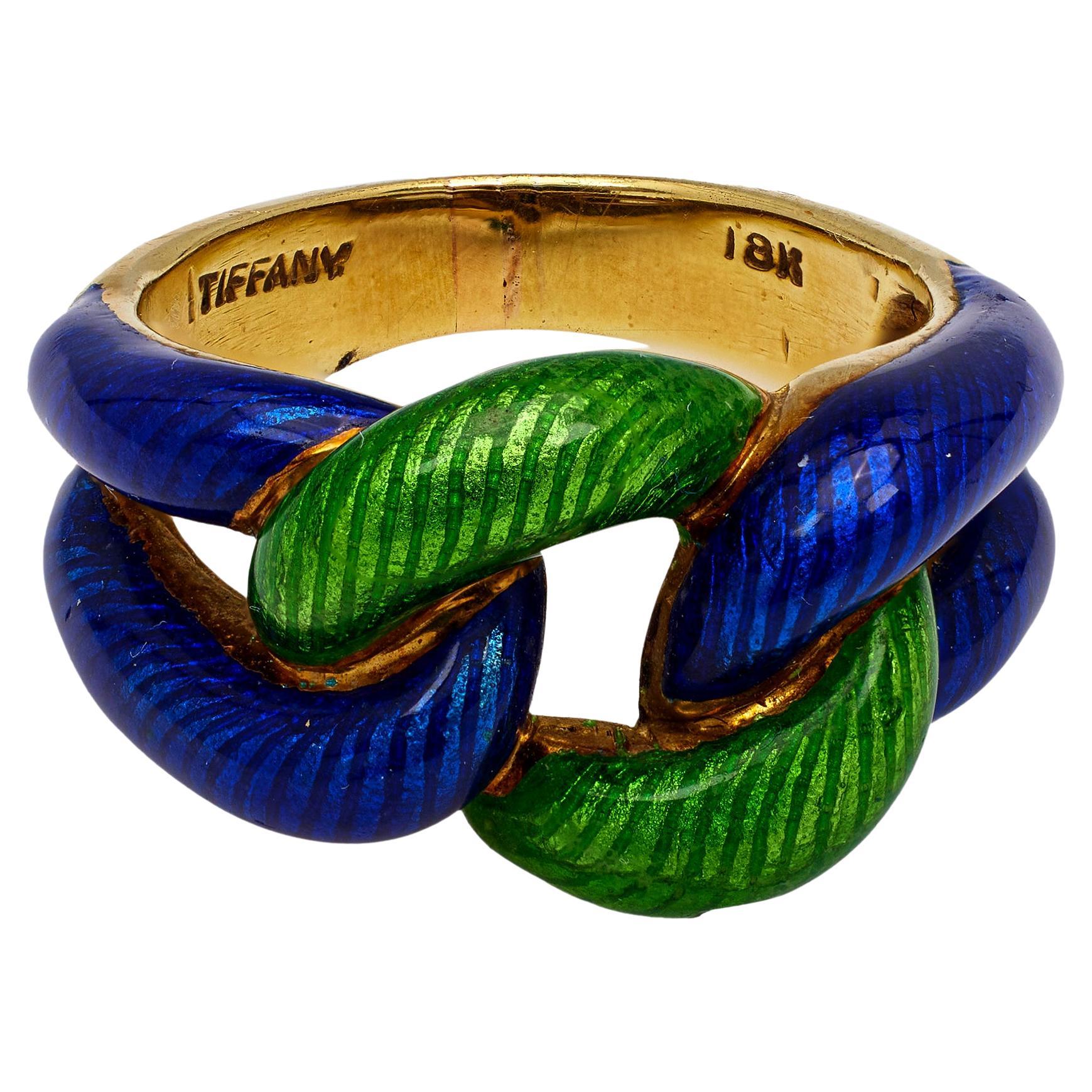 Vintage Tiffany & Co. 18k Yellow Gold Green and Blue Enamel Link Ring