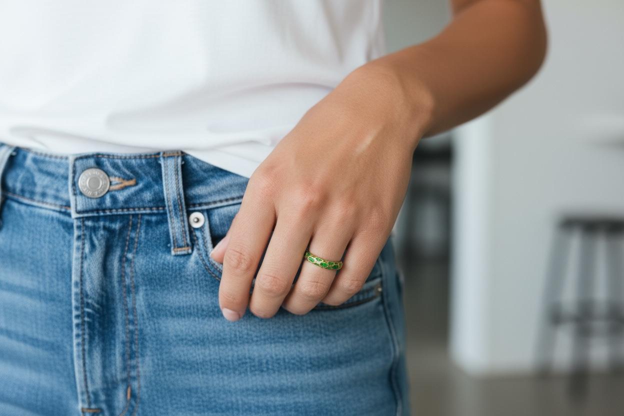 Eleva la tua collezione di gioielli con questo squisito anello vintage Tiffany & Co. in oro giallo 18 carati con smalto verde. Realizzato in oro massiccio a 18 carati e marchiato 