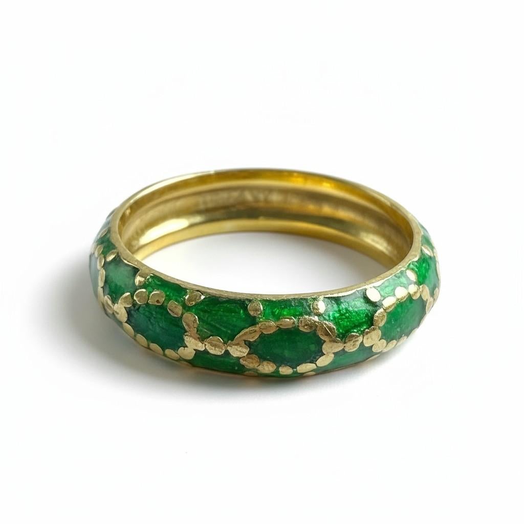 Vintage Tiffany & Co. Anello a fascia in oro giallo 18 carati e smalto verde in vendita 3