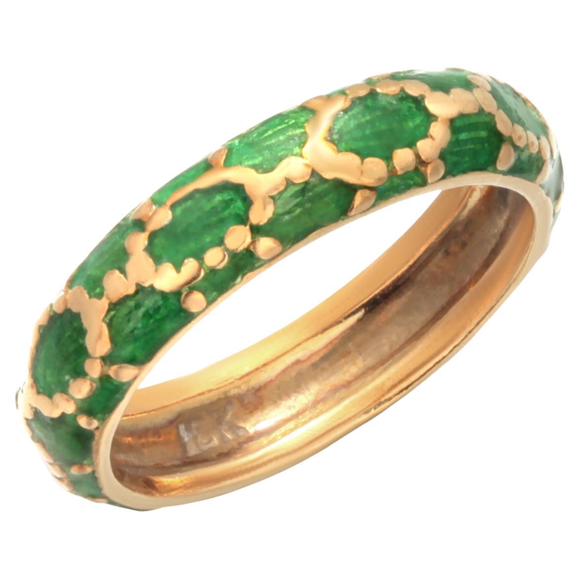 Vintage Tiffany & Co. Anello a fascia in oro giallo 18 carati e smalto verde in vendita