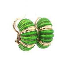 Vintage Tiffany & Co. 18k Yellow Gold Green Enamel Ribbed Shrimp Clip On Earring