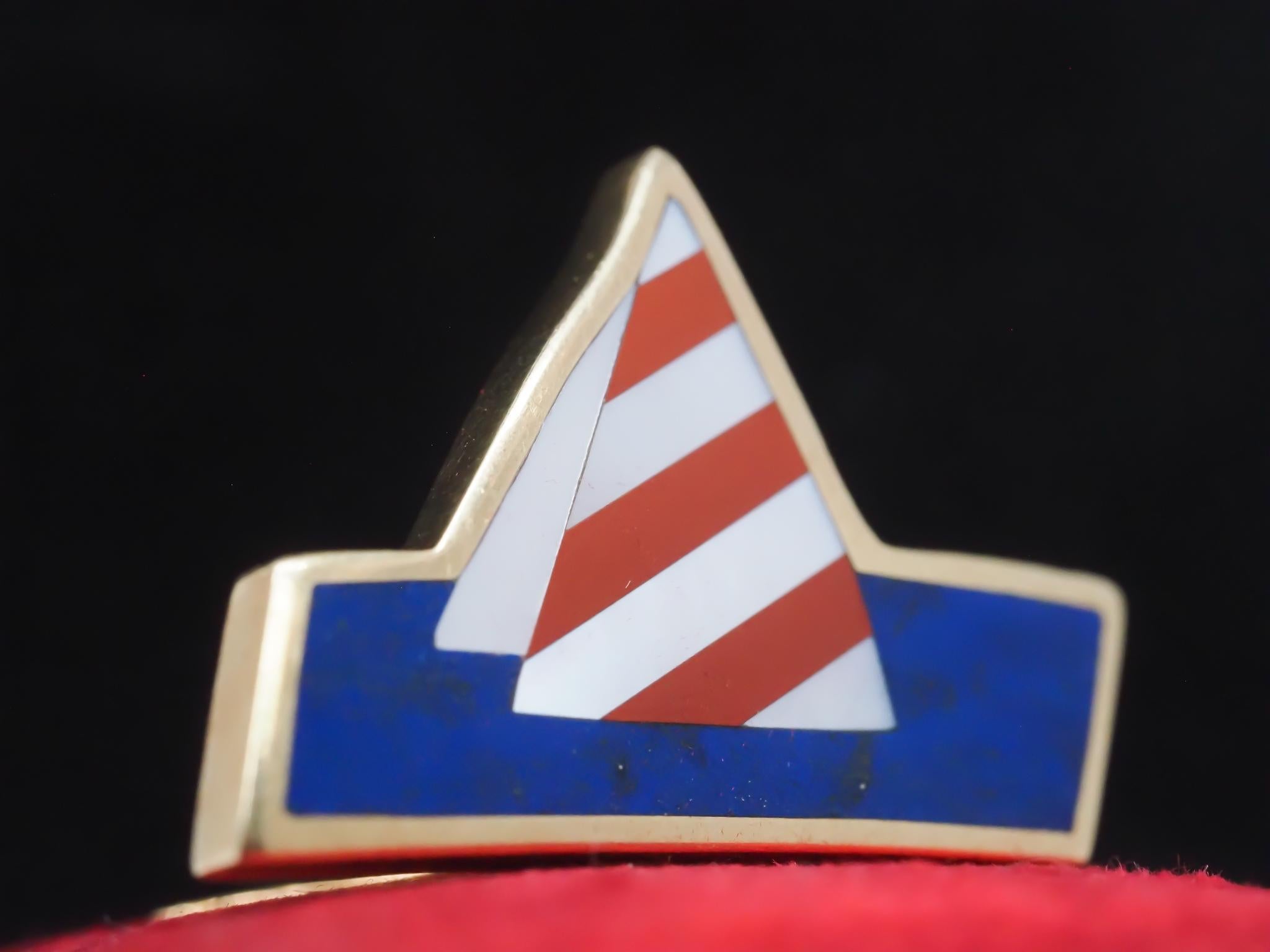 Vintage Tiffany & Co. 18K Yellow Gold Lapis, and Pearl Sail Boat Brooch Pin In Good Condition For Sale In Hicksville, NY