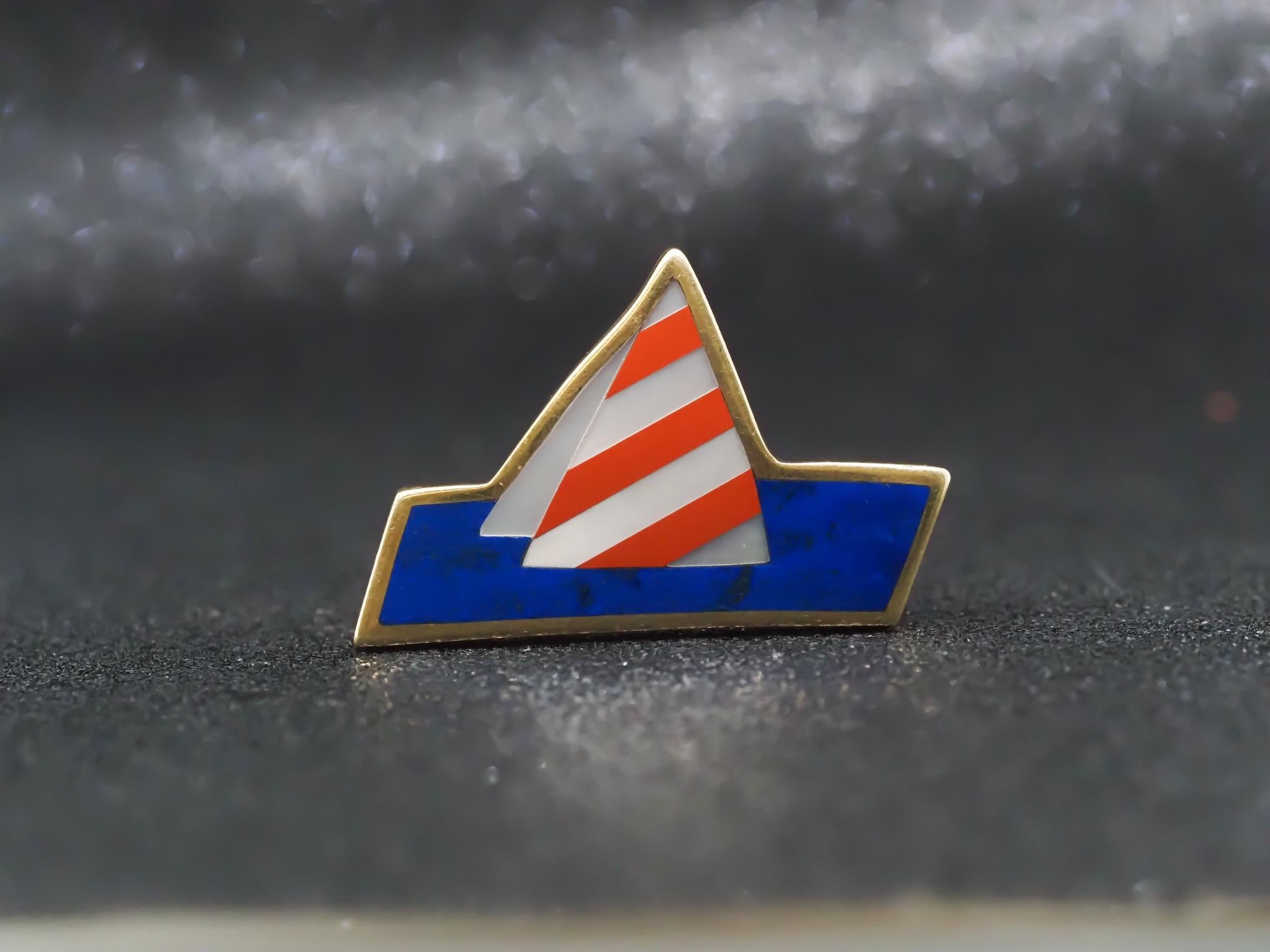 Vintage Tiffany & Co. 18K Yellow Gold Lapis, and Pearl Sail Boat Brooch Pin