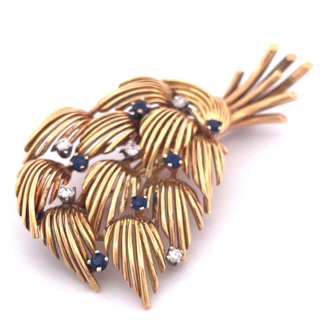Round Cut Vintage Tiffany & Co. 18k Yellow Gold Leaf Brooch with Sapphires and Diamonds For Sale